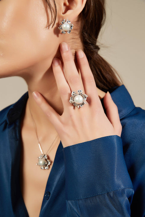 11-12mm Freshwater Pearl &  Full CZ Blue Gem Necklace - House Of Pearls